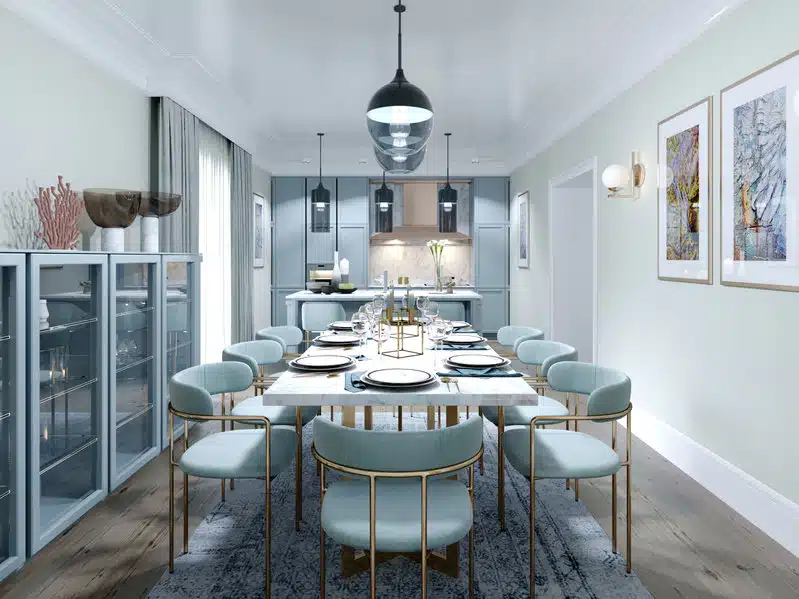 fashionable dining room design with dining table and chairs for eight. dining room interior in mint colors.